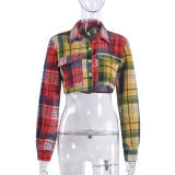 Autumn Turndown Collar Pocket Contrast Plaid Shirt Fashion Trendy Short Top