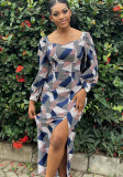 Autumn Fashion Women's Long Sleeves Blue Printed Plaid Slit Dress