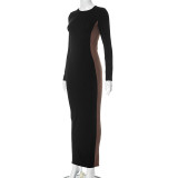 Women's Autumn Fashion Contrast Color Round Neck Long Sleeve Slit Long Dress