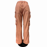 Denim Cargo Pants Casual Multi-Pocket Solid Color Straight Denim Trousers