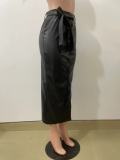 Autumn And Winter Mid-Length Black Pu Buckle Slit Casual Leather Skirt With Belt