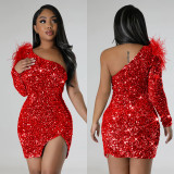 Fashion Women's Sexy One Shoulder Sequin Slit Bodycon Dress