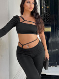 Autumn Crop Lace Up One Shoulder Long Sleeve Top Pants Fashion Casual Set For Women