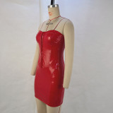 Autumn Sexy Low Back Slim Waist Leather Strapless Bodycon Dress