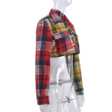 Autumn Turndown Collar Pocket Contrast Plaid Shirt Fashion Trendy Short Top