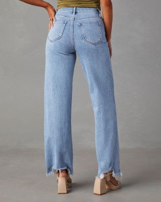 Women Loose Casual Denim Fringed Pants