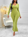 Women Fall/Winter Solid Round Neck Long Sleeve Jumpsuit