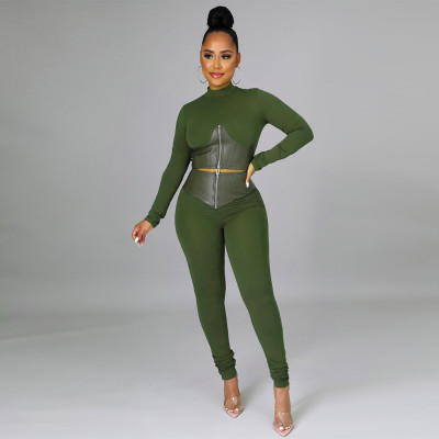 Women Fashion PU-Leather Patchwork Long Sleeve Solid Top and Pant Two-piece Set