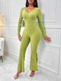 Women Fall/Winter Solid Round Neck Long Sleeve Jumpsuit