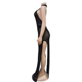 Fashion Women's Solid Color Sleeveless Halter Neck Slit Maxi Dress