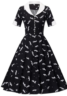 Halloween Witch Bat Print Short Sleeve Button Black And White Turndown Collar Retro A-Line Swing Dress