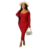 V-Neck Off-Shoulder Ribbed Slim Sexy Dress