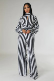 Women's Striped Printed Long-Sleeved Top Loose Wide-Leg Pants Two-Piece Set