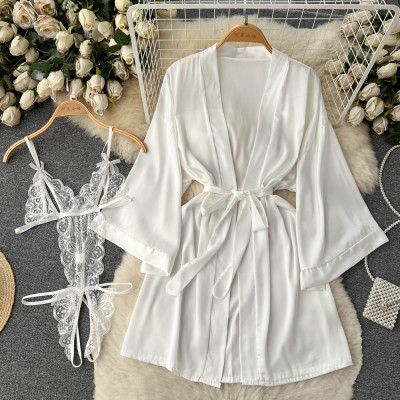 Women lace suspenders high-cut Bodysuit and Bat Sleeves cardigan dress two-piece set