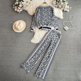 Women Long Sleeve Round Neck Jacquard Knitting Top and Wide Leg Pants Two-piece Set