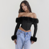 Women Autumn and Winter Furry Collar Off Shoulder Long Sleeve Crop Top