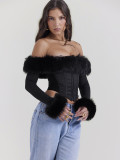 Women Autumn and Winter Furry Collar Off Shoulder Long Sleeve Crop Top