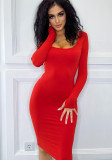 Women Autumn and Winter Square Neck Long Sleeve Solid Bodycon Dress