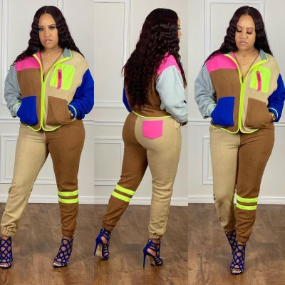 Women Casual Sport Multi-Pocket Contrast Color Patchwork Top and Pant Two-piece Set