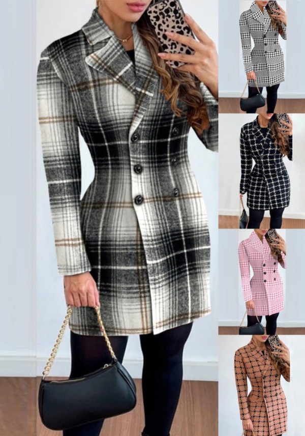 Women Autumn and Winter Long Sleeve Double Breasted Turndown Collar Printed Jacket