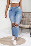 Women Autumn and Winter Washed Ripped High Waist Elastic Vintage Denim Pants