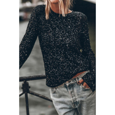 Women Party Sequin Long Sleeve Round Neck Slit Top