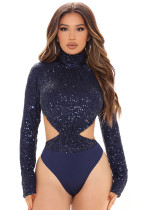 Women Sexy Long Sleeve sequins Cut Out Bodysuit