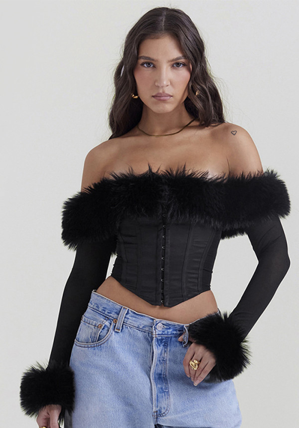 Women Autumn and Winter Furry Collar Off Shoulder Long Sleeve Crop Top