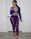 Women Sexy Hollow Long Sleeve Top and Pant Two-piece Set