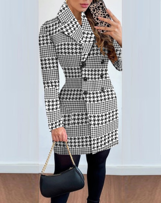 Women Autumn and Winter Long Sleeve Double Breasted Turndown Collar Printed Jacket