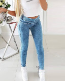 Women Fall High Waisted Style Lace-Up Denim Pants