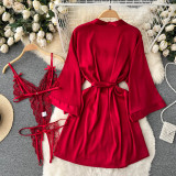 Women lace suspenders high-cut Bodysuit and Bat Sleeves cardigan dress two-piece set