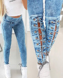 Women Fall High Waisted Style Lace-Up Denim Pants