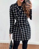 Women Autumn and Winter Long Sleeve Double Breasted Turndown Collar Printed Jacket