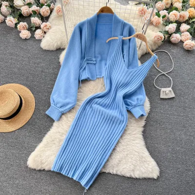 Autumn And Winter Knitting Suit Women's Short Sweater Cardigan Coat Strap Dress Two-Piece Set
