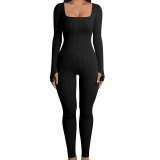 Women's Solid Color Long Sleeve Ribbed Square Neck Low Back Slim Fit Jumpsuit