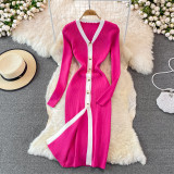 Autumn And Winter Fashion V-Neck Contrasting Color Chic Single-Breasted Slim Waist Knitting Bodycon Bdress
