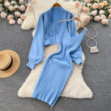 Autumn And Winter Knitting Suit Women's Short Sweater Cardigan Coat Strap Dress Two-Piece Set