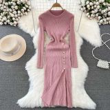 Fashion Chic Long Sleeve Round Neck Slim Waist Slim Fit Maxi Slit Silk Knitting Bodycon Basic Dress