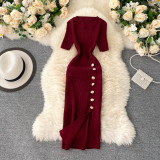 Women's Clothing Simple Solid Color Breasted Slim Short Sleeves Knitting Slit Bodycon Dress