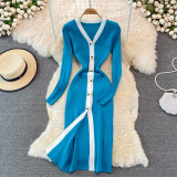 Autumn And Winter Fashion V-Neck Contrasting Color Chic Single-Breasted Slim Waist Knitting Bodycon Bdress