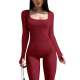 Women's Solid Color Long Sleeve Ribbed Square Neck Low Back Slim Fit Jumpsuit