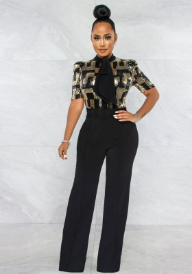 sexy plaid sequins patchwork short sleeve forma jumpsuit