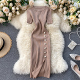 Women's Clothing Simple Solid Color Breasted Slim Short Sleeves Knitting Slit Bodycon Dress
