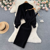 Autumn And Winter Knitting Suit Women's Short Sweater Cardigan Coat Strap Dress Two-Piece Set