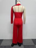 Sexy Slim-Fit Solid Color One-Shoulder Long-Sleeved Top Wide-Leg Pants Two-Piece Set