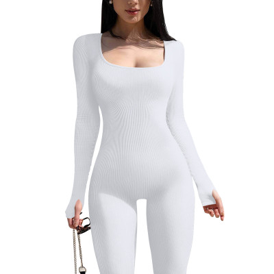 Women's Solid Color Long Sleeve Ribbed Square Neck Low Back Slim Fit Jumpsuit