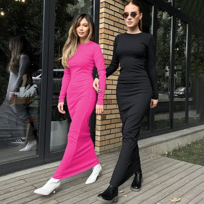 Women Round Neck Long Sleeve Bodycon Maxi Dress