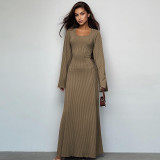 Women Autumn Loose U-neck Lace-up Long Sleeve Dress