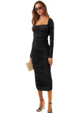 Women Pleated Square Neck Long Sleeve Maxi Dress